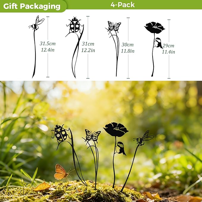 KODIBO 4-Pack Yard Stakes for Decorations, Black Metal Bird Bee Buttterfly Ladybug Silhouette Stakes, Weather-Resistant Garden Statues, Modern Yard Decor for Planters, Flower Bed, Patio & Lawn