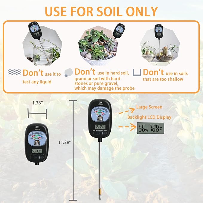 7-in-one Soil Test Kit, Soil Moisture Meter/PH Meter/Sunlight Intensity/Fertility Soil Tester, LCD Display Air & Soil Hygrometer Temperature for Hous Plants Garden, Farm, Lawn Care Moisture Meter
