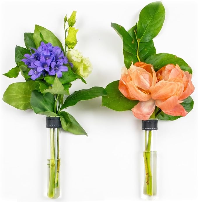 Magnetic Wall Hanging Plant Propagation Station - 2PC - Black Leather Wrapped Test Tube Vase Set, Modern Home and Office Decor, Hydroponic Plant Holder, Includes Wall Mount Magnets