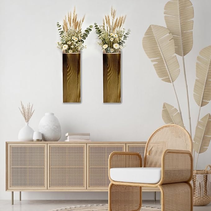 2 Pack Brown Wood Hanging Wall Planter Vases - Farmhouse Boho Wall Pockets for Faux Greenery, Dried Flowers, Eucalyptus Stems, Modern Indoor Wall Decor for Living Room Bedroom Office