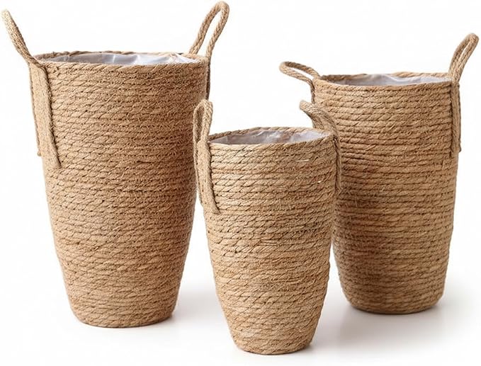 3PCS Rattan Planter, 3 Sizes Seagrass Woven Plant Basket with Waterproof Liner, Plant Baskets Indoor with Handle for Balcony Home Decoration|Flowerpot