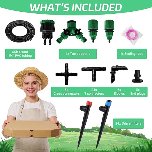 Automatic Drip Irrigation System for Garden, 65ft Garden Watering System with 1/4" Tubing & Sprinklers, Drip Irrigation Kit for Outdoor Plants, Raised Beds, Greenhouse,Patio