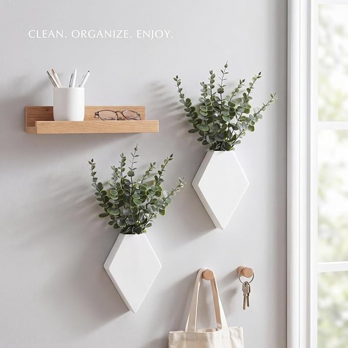 Chunful 2 Pcs Wooden Wall Planter Decor Hanging Fake Plants Greenery Flowers Holder Vase Boxes for Wall Bohemian Farmhouse Room Kitchen Office Indoor Decoration(White,7.1 x 4.7 x 1.2 Inches)