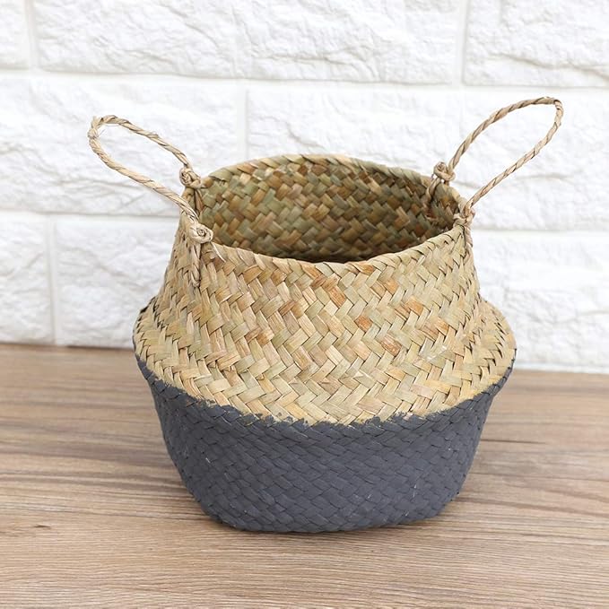 2PCS Large Seagrass Belly Basket Planter Woven Rattan Wicker Plant Pot Round Boho Decorative Wicker Planter for Home Decor(Black)