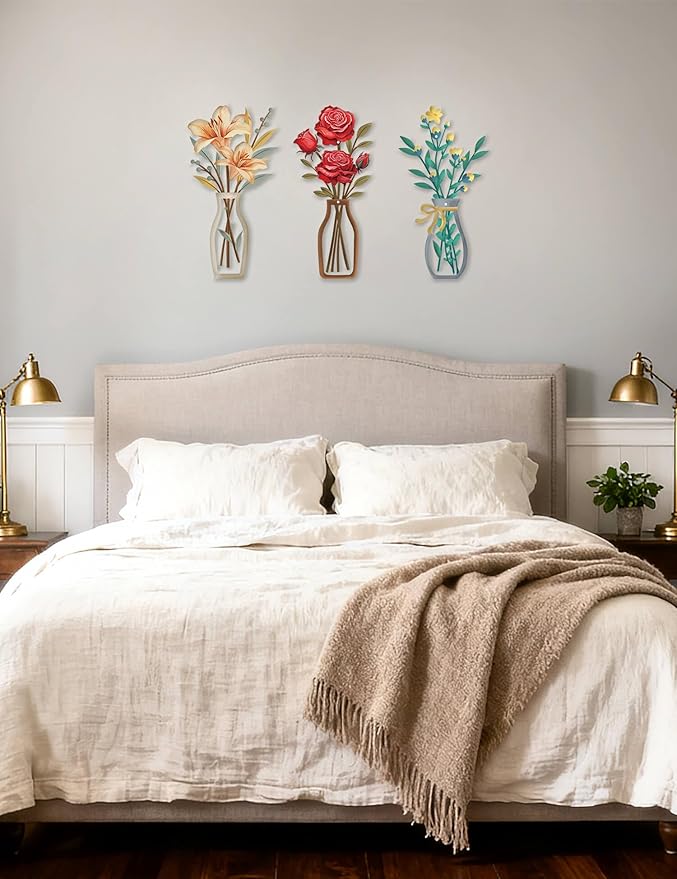 AXHoustake 3 Piece Metal Flower Wall Decor Set - DIY Rustic Colorful Floral Wall Art for Bathroom, Kitchen, Living Room, Bedroom - Farmhouse Metal Wall Art with Lily, Rose, Daisy - Housewarming Gift