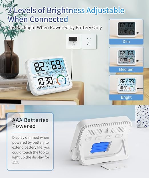 VOCOO 5.8" Large Display Indoor Thermometer Hygrometer - Backlight LCD with Comfort Indicator, Max/Min Records, Clock & Calendar, Dual Power (USB/Battery), Wall Mount or Tabletop