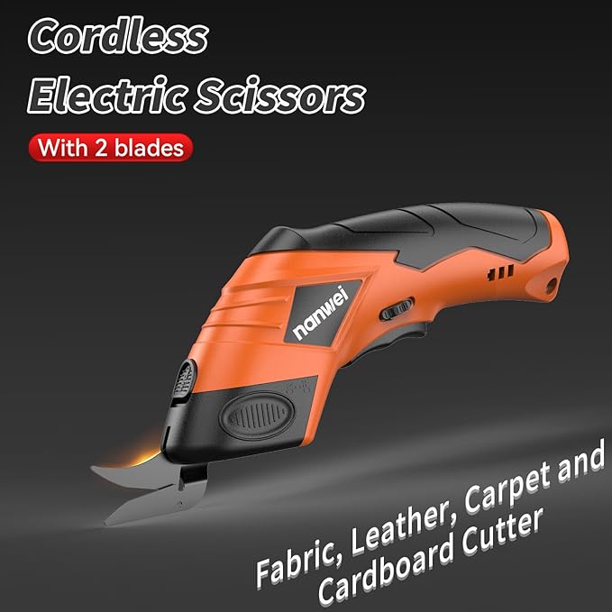 NANWEI Electric Scissors Cordless, Type-C Rechargeable Cardboard Cutter with 2 Blades, 4.2V High‑torque Motor, for Fabric Carpet Leather (Orange)