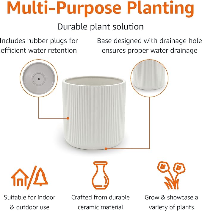 Amazon Basics Fluted Ceramic Round Planter with Drainage Hole, 8-inch, White, Indoor Outdoor, Modern Decorative for Indoor Plants