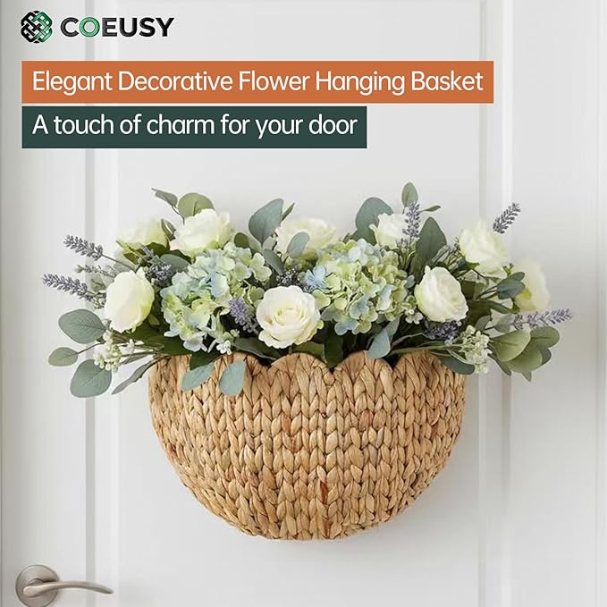 Coeusy Scalloped Wall Basket,Boho Wall Decor Basket,Big Wicker Hanging Baskets for Nursery,Door,Plants,Mail,Natural Water Hyacinth