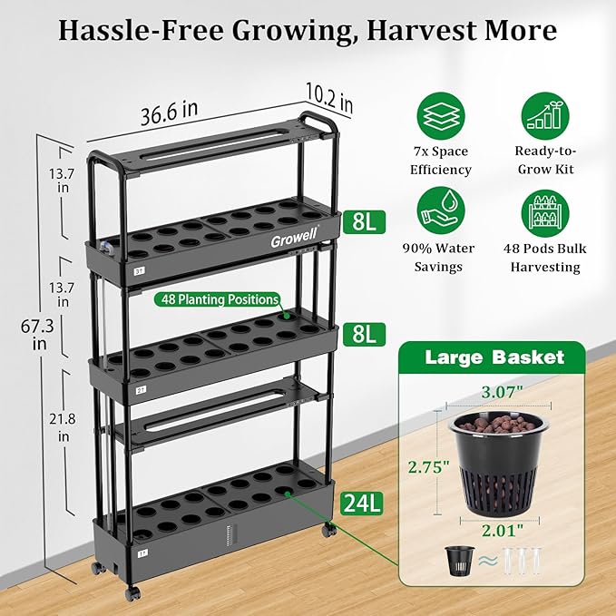 Large Hydroponics Growing System Kit, 48 Pods Vertical Hydroponic Garden, with 48 Large Buckets, 40L Indoor Garden System for Herb Vegetable Fruit, with 2 Light Modes, Auto Circulating Water System