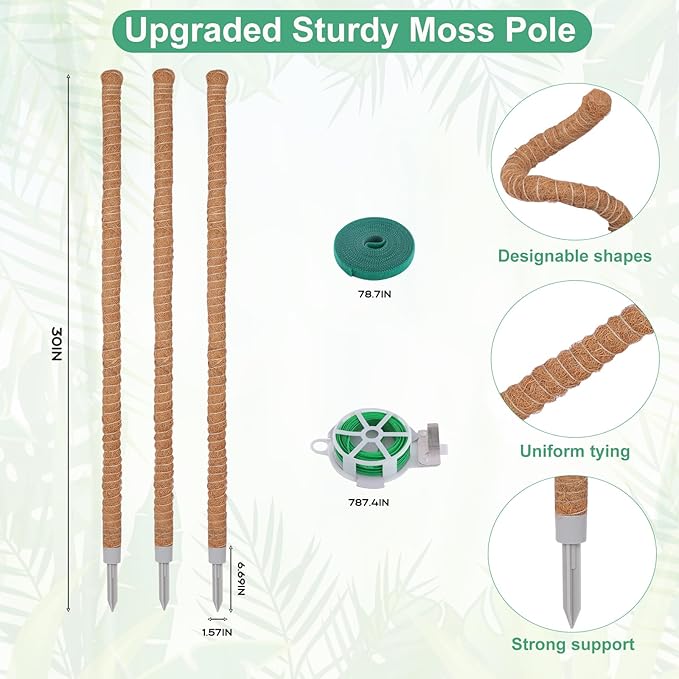 3 Pack Moss Pole, 30 Inch Monstera Plant Support， Moss Poles for Climbing Plants Indoor DIY, Coco Coir Plant Pole Moss Plant Stick Support Stake Kit for Potted Plants, Pothos, Philodendron