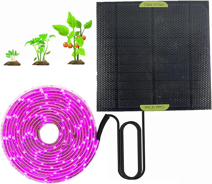 Solar Powered Grow Lights 16.4ft Full Spectrum LED Plant Light Strip with Solar Panel, Grow Light for Greenhouse, Garden, Shed & Indoor Plants