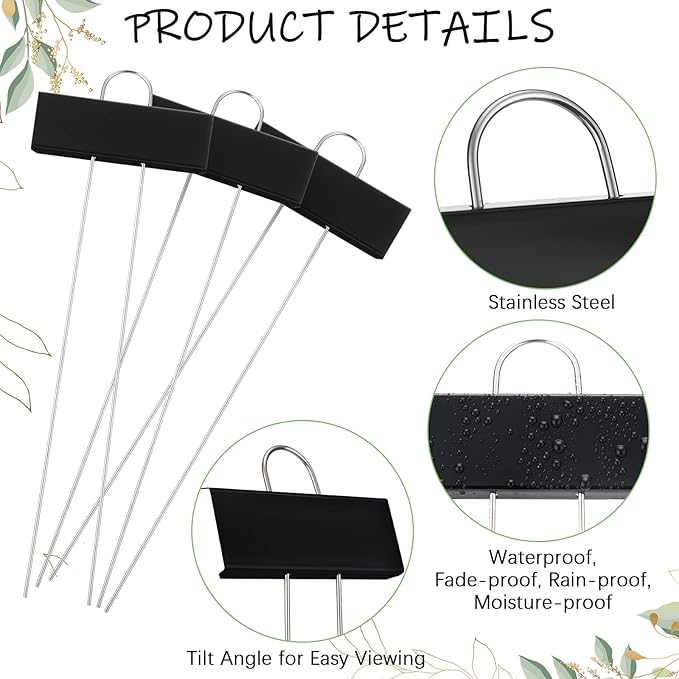 Maitys 62 Pcs Metal Plant Labels Garden Markers Outdoor Weatherproof 10.6 Inch Stainless Steel Nursery Tags Reusable Bulk with Pens for Flower Fruit Vegetable Seedling (Black Label with White Ink)