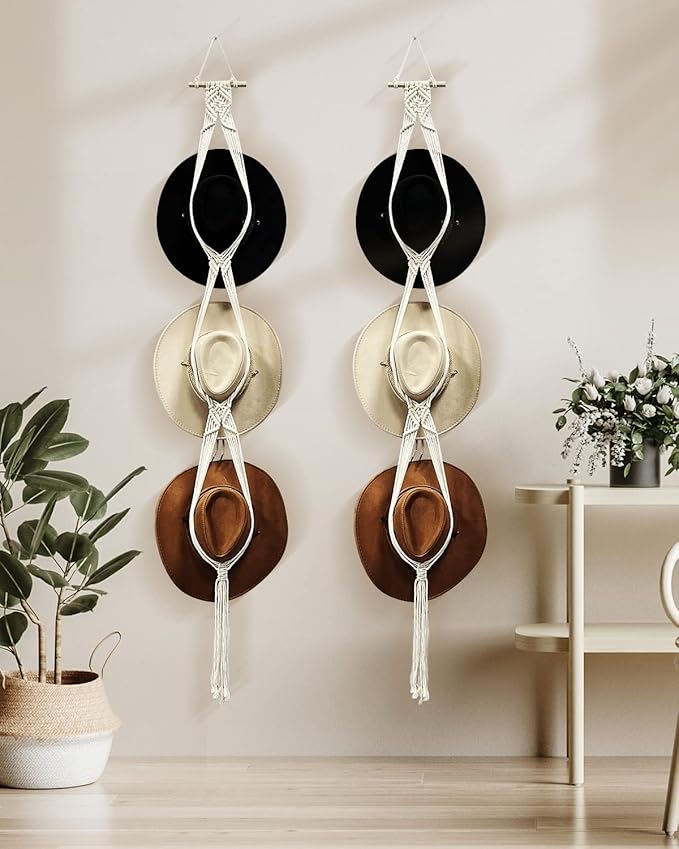 Gute Macrame Hat Hangers, Boho Hats Rack for for Wall Hanging, Black White Woven Women Hat Holder Organizer for Wide Brim and Fedoras Sun Hat Cowboy Hat Display(White,6 Hat Style)