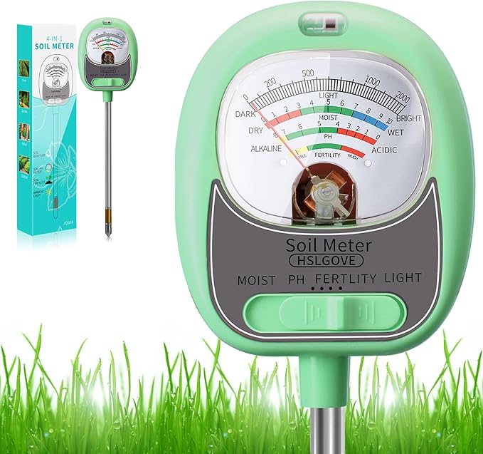 HSLGOVE 4-in-1 Soil Test Kit – Soil Moisture Meter, pH, Fertility & Sun-Light, No Battery Required, Large Dial Soil Tester for Indoor & Outdoor Gardening, Lawn, Farm –Mint Green