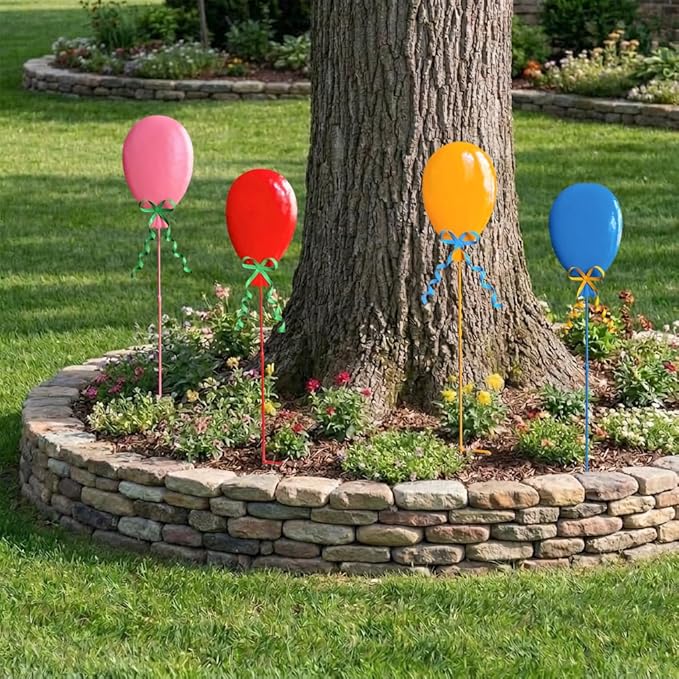 32" Decorative Garden Stakes Set of 4, Happy Birthday Yard Stakes, Metal Balloon Yard Art, Rustproof Metal Garden Decor & Yard Decorations Outdoor, Metal Flowers for Outside in 4 Colors