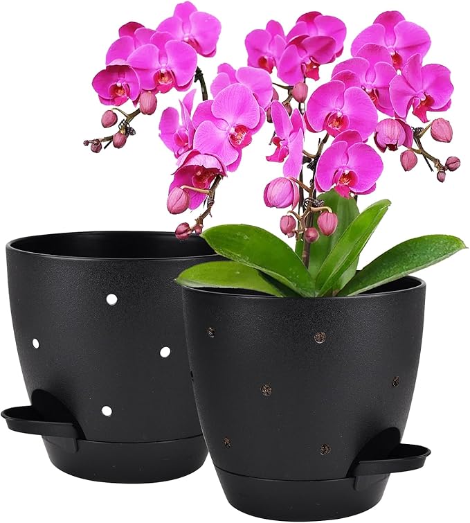 Vanslogreen 6 Inch Orchid Pots with Holes, 2 Pack Self Watering Planters for Orchids Plastic Orchid Pot Plant Flower Pots for Orchids Indoor Outdoor (Black)