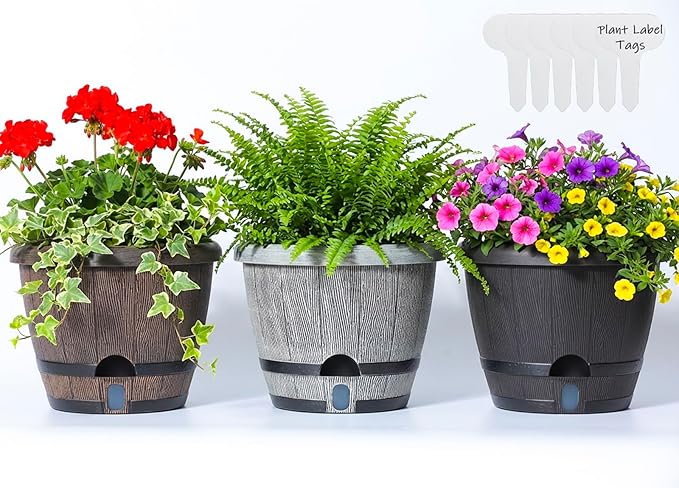 Sun-E 10 inch Plant Pots Self Watering Whiskey Barrel Planters with Drainage Hole&Saucer, Garden Home Indoor Outdoor Plants Pots, Planters for Indoor Plants, Gift Idea for Plant Lovers,Mixed Colors