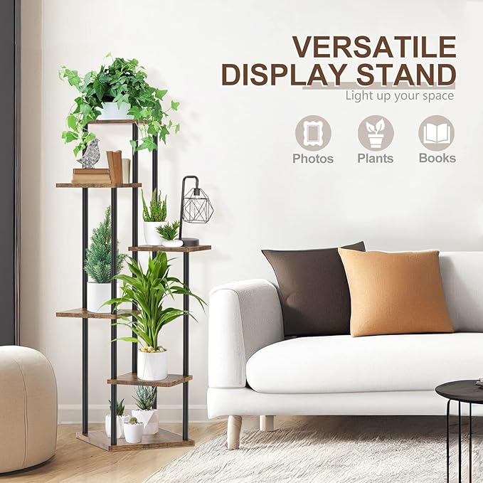 Oppro 6 Tier Tall Plant Stand Indoor Outdoor, Large Wood Metal Planter Shelf Holder for Narrow Corner, Sturdy Vertical Multiple Flower Orchid Pot Decorative Rack for House Living Room Bedroom Office, Rustic Black