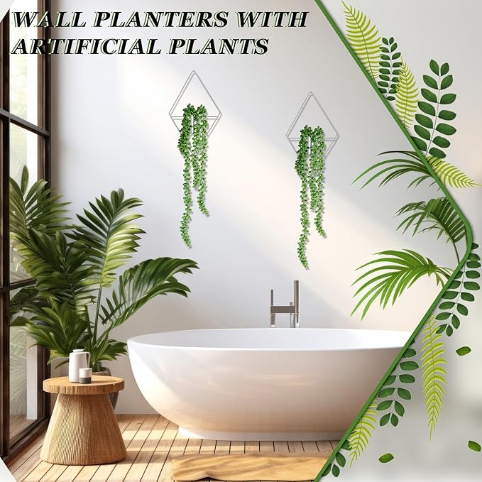 Canlierr 2 Pieces Wall Decor Hanging Planters with Artificial Plants Metal Hanging Vase Indoor Plants Holder Modern Boho Wall Art for Bathroom Bedroom Living Room Decor, Silver, Succulents