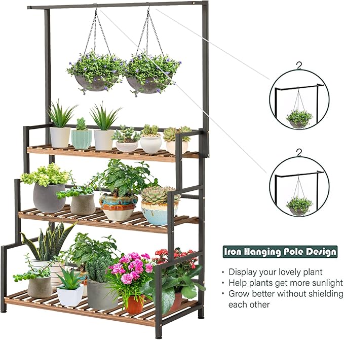 ULIKE Plant Stand Outdoor Indoor Hanging Plant Shelf for Multiple Plants 3 Tier Tall Plant Stand Wood Rack with Metal Frame for Patio Garden Balcony