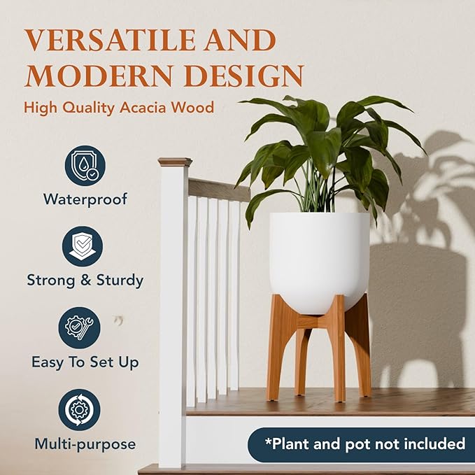 KUTE NEST Acacia Wood Plant Stand - Elegant Match for Corso/Arco Planter, Small Indoor Solid Wood Plant Holder with Walnut Finish for Modern Home Decor (Walnut, High - Small)