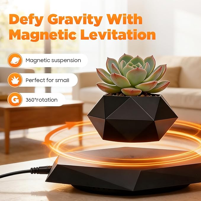 Magnetic Levitating Rotating Planter Pot - Floating Hexagon Flower Pot for Air Plants, Succulents, Bonsai | Modern Home Office Desk Decor, Soil-Free Hydroponic Planter in Black