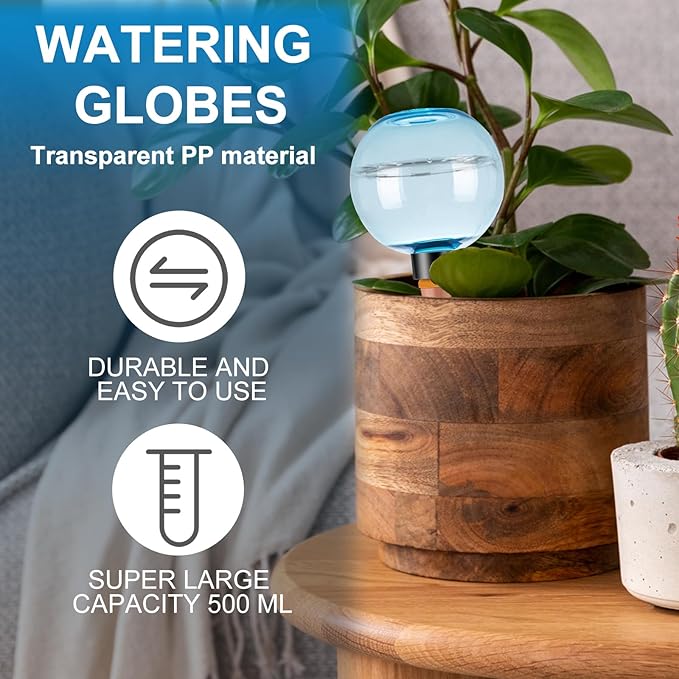 6 Pack Self Watering Globes 17oz Large Plant Watering Globes Top Fill, Self Water Planter Insert Indoor/Outdoor Plastic Water Bulbs Slow Release Terracotta for Plants, Blue