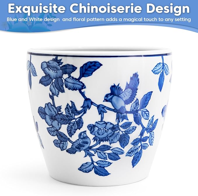 HakkaGirl 8 inch Ceramic Flower Pots, Chinoiserie Decor Ceramic Planter Plant Pots for Indoor Plants with Drainage and Saucer, Blue and White