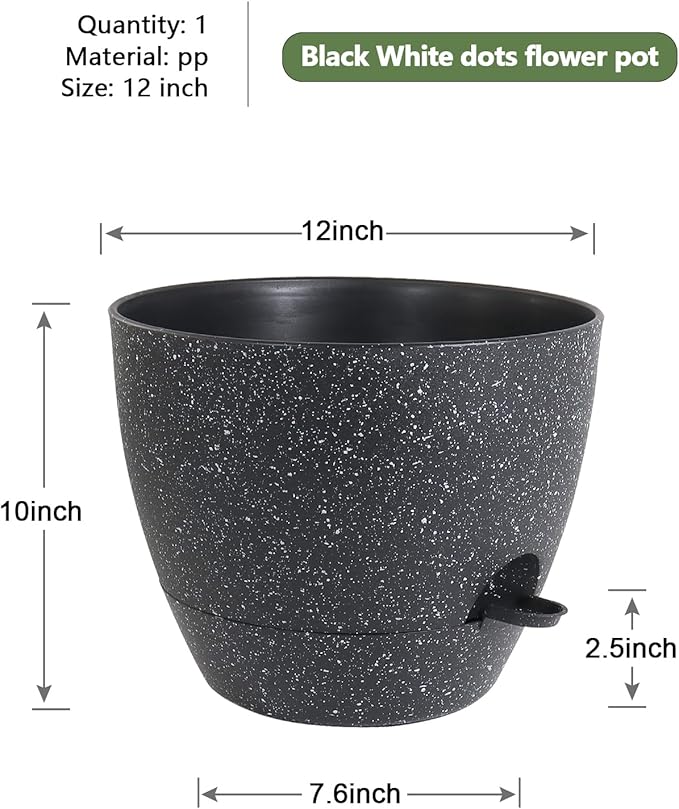WSMKSZ 12 inch Large Self Watering Pots, Planter, Plant Pots with Mesh Drainage Holes for Indoor Outdoor House Plants and Garden, Plastic Flower Pots with Deep Reservoir, Speckled Black