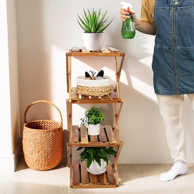 BEEFURNI Acacia Ladder Plant Stand Indoor Corner, Wooden Outdoor Plant Stand 4 Tier, Foldable Multi Tier Plant Stand, Corner Plant Stand Indoor, Tall Plant Rack For Office, Balcony, Patio, 1-year Warranty