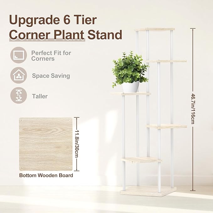 Oppro 6 Tier Tall Plant Stand Indoor, Large Metal Wood Muti Level Vertical Planter Shelf Orchid Holder for Narrow Corner, Sturdy Heavy Duty Flower Display Rack for House Decor Living Room Bedroom, White