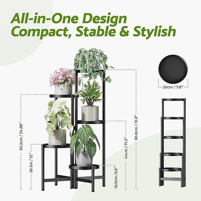 Stand Plants, 5 Tier Large Plant Stand Indoor, 7.9 Inch Wide Tall Corner Metal Plant Stands Outdoor for Multiple Plants, Foldable Tiered Flower Display Holder Rack Shelf for Patio Porch Balcony