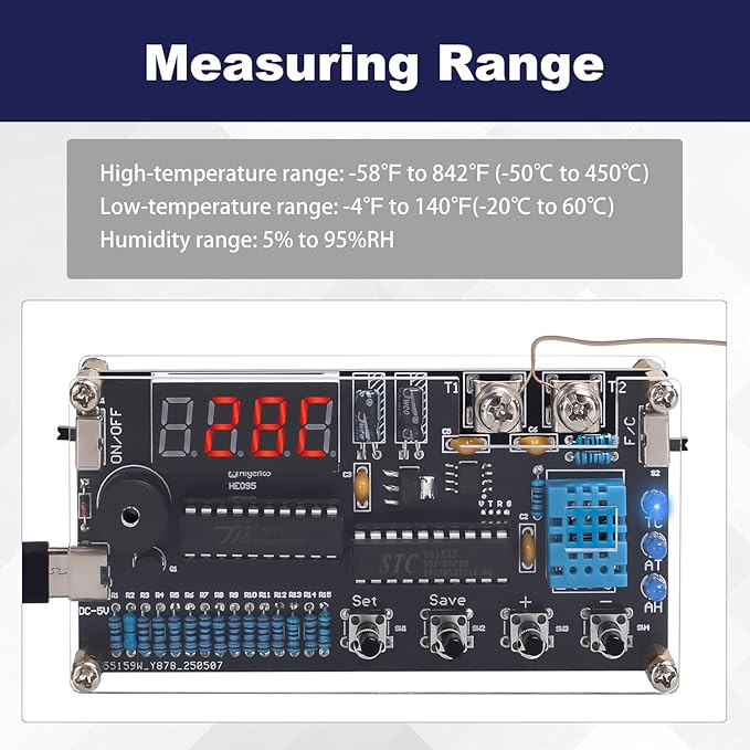 Thermocouple Thermometer DIY Kit, DC 4.5-5V Digital Temperature Humidity Sensor Soldering Project with High Low Temperature Warning -58℉ to 842℉ Thermocouple Soldering Kit for Back to School Education