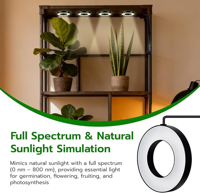 Mcbazel Ceiling Grow Lights for Indoor Plants, with 3/9/12H Auto Timer Switch, 3 Colors,10 Dimming, Quad Head, Corded, Mini Growing Lamp for Pot Plants, Succulents, Shelves