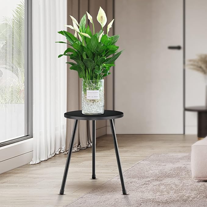 KINNARY Black Plant Stand Indoor Set of 2, Mid Century Wood Plant Table for Flower Pots, Metal Plant Holder, Modern Home Decor Small Round Side End Table (11.8"x16")