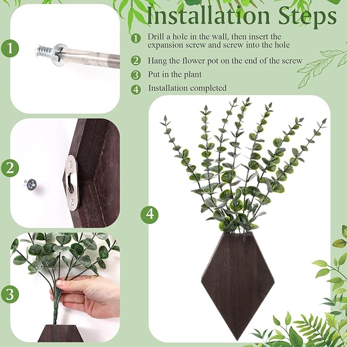 Chunful 2 Pcs Wooden Wall Planter Decor Hanging Fake Plants Greenery Flowers Holder Vase Boxes for Wall Bohemian Farmhouse Room Kitchen Office Indoor Decoration(Brown,7.1 x 4.7 x 1.2 Inches)