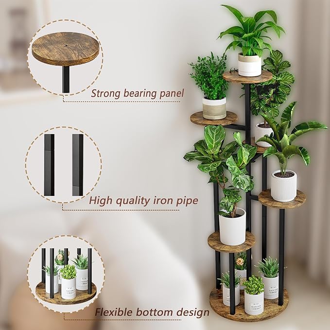 INGIORDAR Plant Stand Indoor Outdoor Corner Plant Shelf for Multiple Flower Pots Flower Stand Holder for Patio Garden Balcony Living Room (Black+Rustic Brown, 6 Tier)