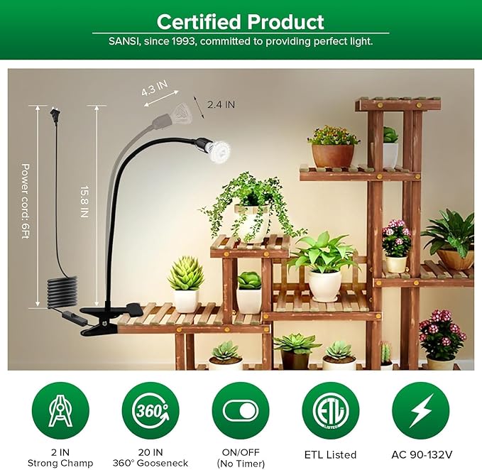 SANSI LED Grow Lights for Indoor Plants, 150W Full Spectrum Gooseneck Clamp Grow Lamp, 10W Power Plant Light with High PPFD for Seeding, Lifetime Free Bulb Replacement Plant Lights for Indoor, 1 Head