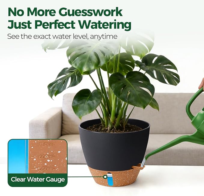 T4U 12 Inch Self Watering Pot - Water Level Indicator & Deep Reservoir, Mess-Free Planter for Busy People, Beginners & Gardeners, Fit Rubber Tree/Fiddle Leaf Fig Plants, Indoor Outdoor Use (Black)