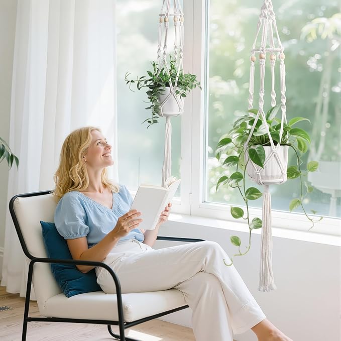 2 Pack Macrame Plant Hanger with Grow Light: Sturdy Hanging Planters for Indoor Plants, Cute Plant Holder with Plant Light, Fits 5–9 Inch Pots (Daylight Spectrum)