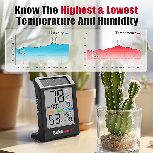BaldrTherm Room Thermometer Indoor Humidity Meter Solar Powered with Max/Min Memory & Comfort Indicator - 3.2" Large Display for Home, Black, 1Pack