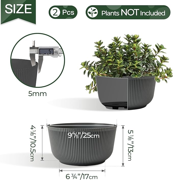 T4U 10 Inch Self Watering Pots for Indoor Plants, 2 Pack Large Plant Pots, Self Watering Planter for Indoor Plants, Durable Plastic Pots (2 Pack,10", Gray)