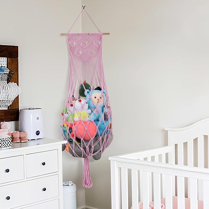Stuffed Animal Hammock Corner, 63 Inch Jumbo Macrame Ceiling Toys Net, Light Pink Wall Hanging Organizer Holder Plush Storage Display Net with Led Light for Nursery Playroom Kid Room Decor Gift