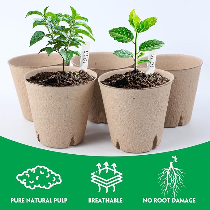 BEWBBAT 100 Pack Peat Pots for Seedlings, 3.15 Inch Plant Starter Cups with Drainage Holes, Garden Germination Nursery Pots with 30 Plant Labels, 2 Transplant Tools for Herb, Vegetables, Plants