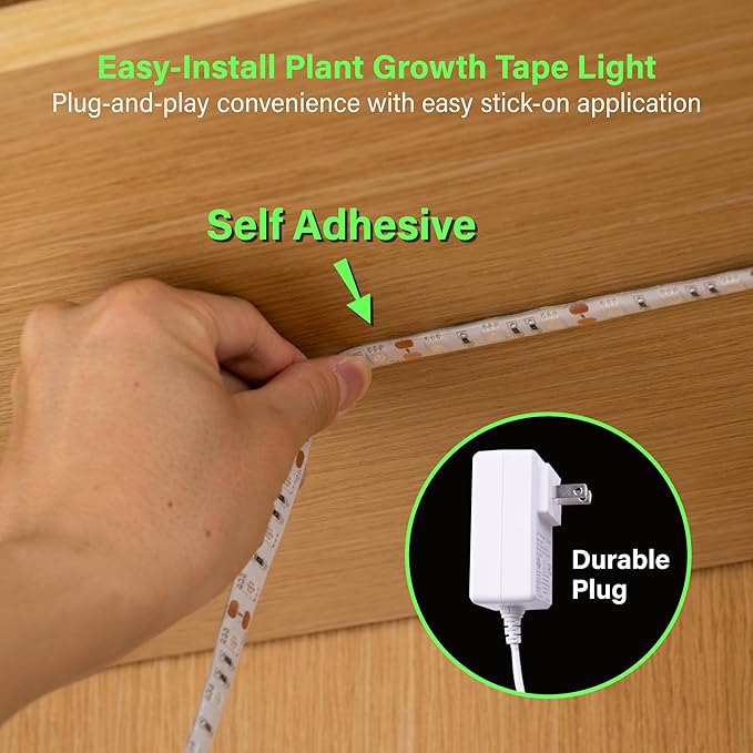 Full Spectrum LED Grow Light Tape, 11.8 ft Flexible Strip Kit for Indoor Plants and Gardening, 24W Plug-in Design, Water Resistant