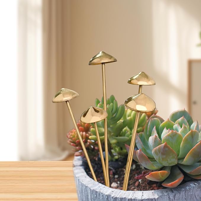 Rainteam 5Pcs Brass Fake Mushroom Plant Stakes Metal Fairy Garden Decor for Potted Plants Indoor Outdoor Plant Accessories Gift for Gardeners & Plant Lovers