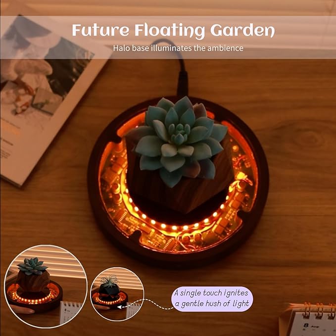 MOOCCI Levitating Plant Pot with Light, Magnetic Floating Flower Pot with Rotating and Auto-Spinning, Brown Wood Grain Planter for Succulents, Cool Desk Decor for Home Office, Unique Gift Idea