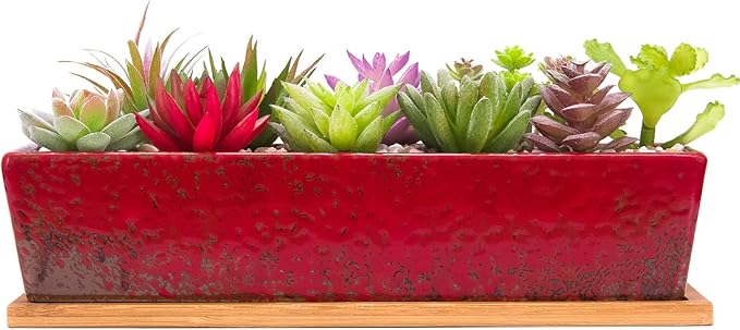 ARTKETTY Succulent Pots - 12.1 Inch Large Succulent Planters with Drainage Tray, Long Rectangle Ceramic Pot for Indoor Cactus/Succulent Plants Shallow Bonsai Window Box for Home Garden Decor
