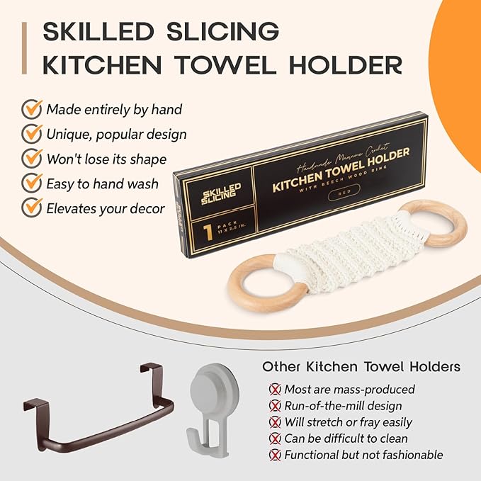 Hanging Kitchen Dish Towel Holder (Handmade Crochet), Decorative Boho Macrame Kitchen Towel Hanger Loop Ring Makes a Unique Gift for Birthday, Thanksgiving, 11 Inches (Cream)